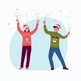 christmas and happy new year. happy young woman and man with bengal lights. party people dancing under confetti. flat style cartoon vector illustration. 