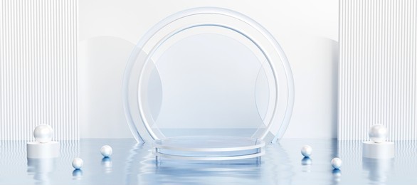 transparent glass podium with abstract art objects. stand to show products with copy space. pedestal display in white elegant scene. banner size. website cover template. 3d rendering.