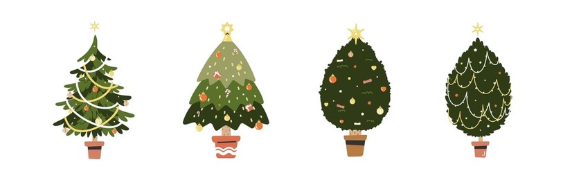 a various set of cute christmas tree with lovely decoration ts flat vector illustration isolated on white background. merry christmas and happy new year