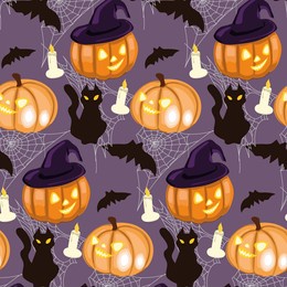 seamless pattern for halloween. black cat, pumpkin, candles and cobwebs.