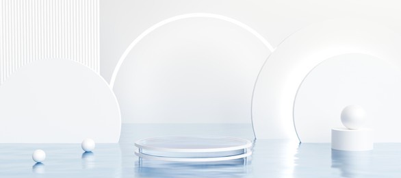 transparent glass podium with white decorative objects. stand to show products with copy space. pedestal display in futuristic clean scene. banner size. website cover template. 3d rendering.