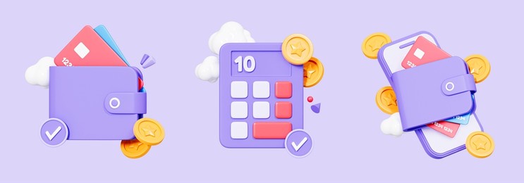 3d business collection set icon. financial investment concept. wallet with credit card. calculator with coin. phone with money. cartoon creative design isolated on purple background. 3d rendering