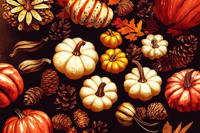 thanksgiving wallpaper with autumn leaves, gourds and pine cones on a dark wood tabletop. 3d illustration