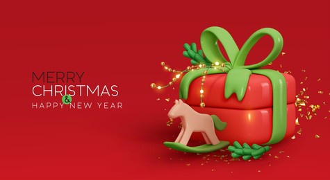 christmas and new year design realistic 3d gift boxes. christmas present surprise. gift box in cartoon style. holiday banner, web poster, flyer, greeting card. xmas background. vector illustration