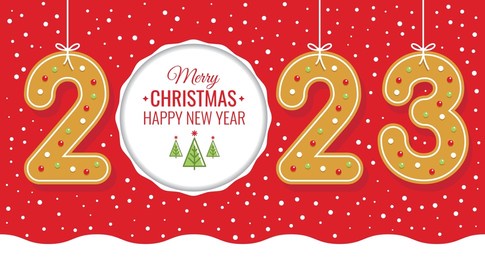 christmas card with gingerbread in the shape of numbers, hanging with ribbon. new year  2023. merry christmas, happy new year text. vector illustration.