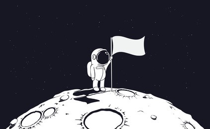 astronaut holds a flag on planet