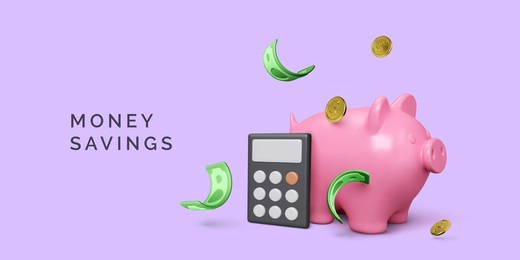 pink piggy bank with calculator and gold coins green paper currency. saving money and financial management. vector illustration in 3d realistic cartoon style