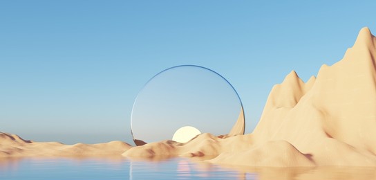 abstract dune cliff sand with metallic arches and clean blue cloud sky. surreal minimal desert natural landscape background. scene of desert with glossy metallic arches geometric design. 3d render.