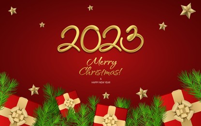 happy new year 2023 greeting vector templates. merry christmas design greeting text with colorful christmas decor elements such as a gift, fir tree branch, stars on a red background with luxury gold.