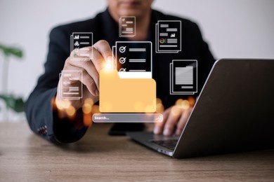 uploading documents from folder. open file folder with flying blank documents. data transfer backup, file sharing, document transferring concept