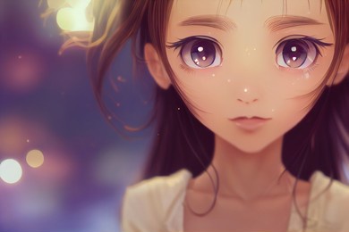 cute and colorful anime girl with green purple lights in the background