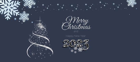 merry christmas and happy new year 2023 greeting card with bokeh lights and christmas decorations 