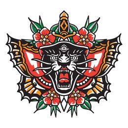 illustration vector graphic of jaguar and butterfly old school style. perfect for tattoo,tshirt,sticker,logo,albumcover,book cover,etc.