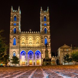 montreal notre dame basilica illuminated at night with stone texture
