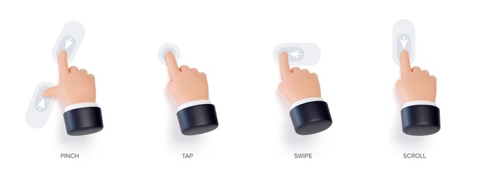 hand touchscreen gestures. vector 3d hands actions icons on touch screens like swipe, scroll, pinch, tap, zoom and slide touch. vector 3d set
