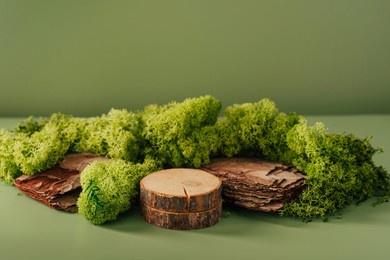 composition of bark tree and moss on warm green background. abstract podium for organic cosmetic products. natural stand for presentation and exhibitions. minimal design