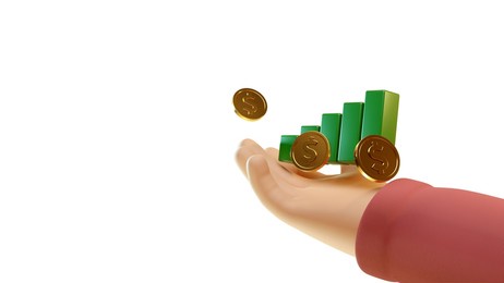 3d illustration cartoon hand gesture with dollar coin and graph up symbol