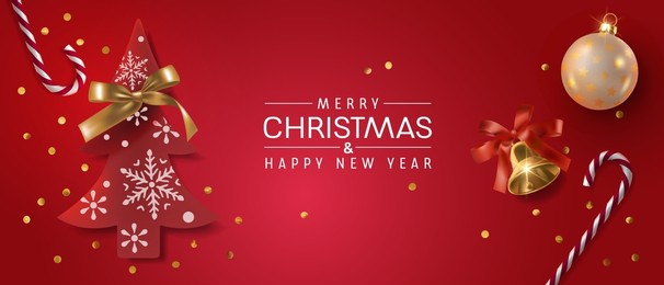 christmas vector background with realistic decorative tree and golden design. holiday and greeting season banner or card with isoldated elements
