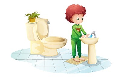 illustration of a young man washing his hands on a white background