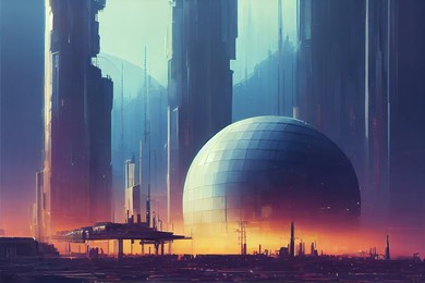 an ufo base landing station at a cyberpunk city art