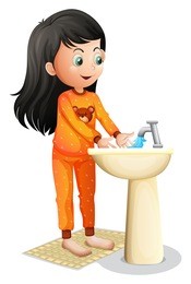illustration of a young girl washing her hands on a white background