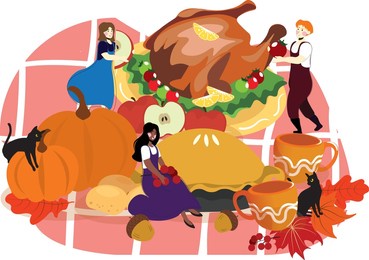 happy characters cooking huge thanksgiving turkey, apple pie. men, women, and cat holding huge vegetables, pumpkins, apples, cranberry, and spices for meat. autumn family holiday cartoon flat