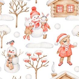 winter pattern.snow.make snowman.christmas background.cute animals in winter clothes.new year.outdoor.cold weather