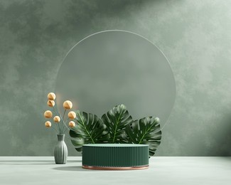 3d rendering platform podium with plant product presentation background