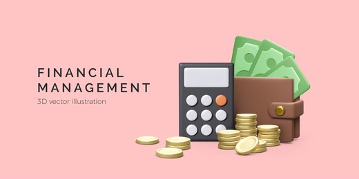 calculator gold coins wallet with paper currency in 3d style. accounting and money savings concept. financial management business banner. vector illustration