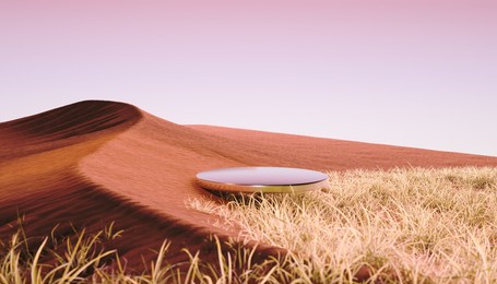 3d podium background, pedestal stand in sand dunes and grass. summer product display desert landscape scene. minimal showcase 3d illustration.