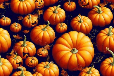 a lot of pumpkins with faces on them, a group of pumpkins sit in rows. seamless texture