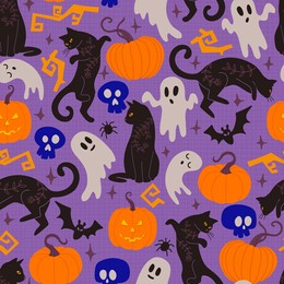 halloween black cats with pumpkins and ghost vector seamless pattern