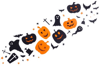 happy halloween, pumpkin smile, ghost ,christian cross and grave make from black paper cut on white background, decorative halloween concept