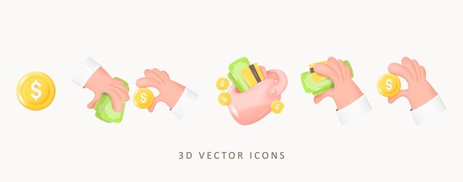 3d money concept vector icon set. dollar coins, banknotes, wallet with cash, hands holding money. exchange money concept , online payment, charity sign. 3d vector illustration