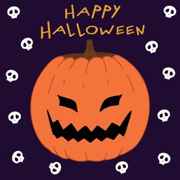 creepy pumpkin with skulls on dark background. happy halloween. hand drawn art. hand drawn font. vector illustration. greeting card. halloween design. trick or treat
