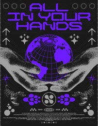 retro futuristic poster planet in hand "all in your hands". techno style print, for streetwear, print for t-shirts and sweatshirts on a black background