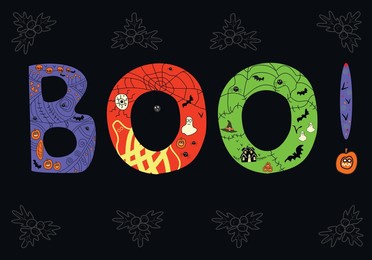 halloween vector illustration.text boo with halloween symbols pumpkin, ghost, hat, spider, cobweb, bat. cute drawing on a black background. template for holiday invitation, poster, advertising.