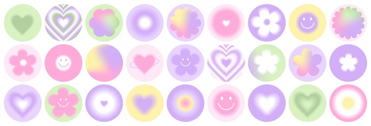 y2k blurred gradient set. butterfly, heart, daisy, flower, abstract geometric shape in trendy 90s, 00s psychedelic style. holographic vector illustrations, elements and signs.