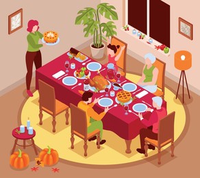 thanksgiving day isometric background with family sitting at festive table with turkey and delicious food vector illustration