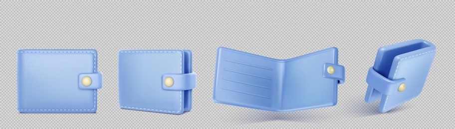 3d icon of blue wallet with pockets for money cash and bank cards isolated on transparent background. open and closed purse in front and angle view, vector illustration. 3d illustration
