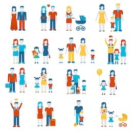 family flat style people figures parenting parents children kids son daughter couple wife husband boy girl infant infographics user interface profile icons set isolated vector illustration collection