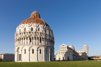 baptistery, cathedral and leaning tower in pisa, italy