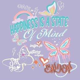 happiness is  a state of mind  slogan with flower butterfly .graffiti butterfly vector illustration. fashion slogan 