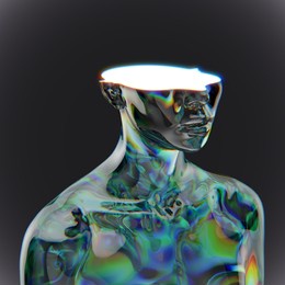 abstract concept illustration from 3d rendering of a transparent refractive glass female bust sculpture head-cut by a bright light area and isolated on dark background.