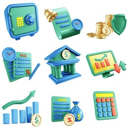 3d illustration finance and banking icons set, 3d icons set with locker, bills, saving, tax form, bank building, stock trading, stock graph, loan and calculator