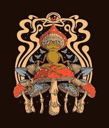 frog sits on fly agaric, psychedelic print on a t -shirt