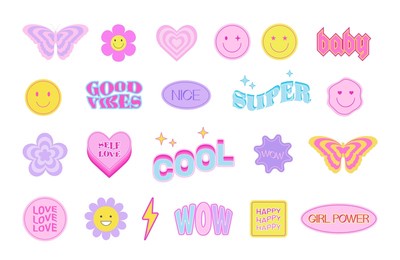  set of cool cute stickers y2k style. butterfly, smile, heart, daisy, flower, abstract geometric shape in trendy 90s, 00s psychedelic style. fashionable girl patches collection. 