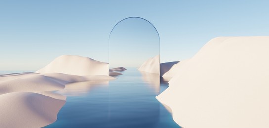 abstract dune cliff sand with metallic arches and clean blue cloud sky. surreal minimal desert natural landscape background. scene of desert with glossy metallic arches geometric design. 3d render.