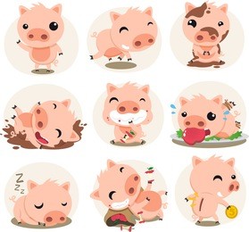 little pig cartoon action set, in different situations like waving, running, playing in the mud, smiling, pig eating an apple, sleeping vector illustration. 