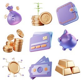 3d illustration money and finance icons, 3d icons set with money bag, savings, wallet, coins or dollars, cards, piggy bank, crypto currency, cash and gold bars
